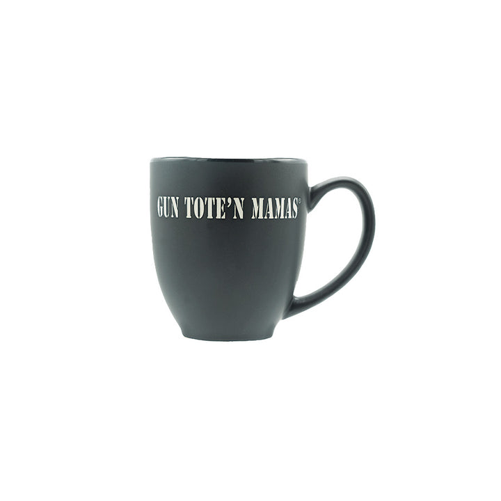 BISTRO Gun Tote’n Mamas mug with laser-etched logo – two-toned matte black and glossy blue, 16oz ceramic stoneware, dishwasher safe, free shipping