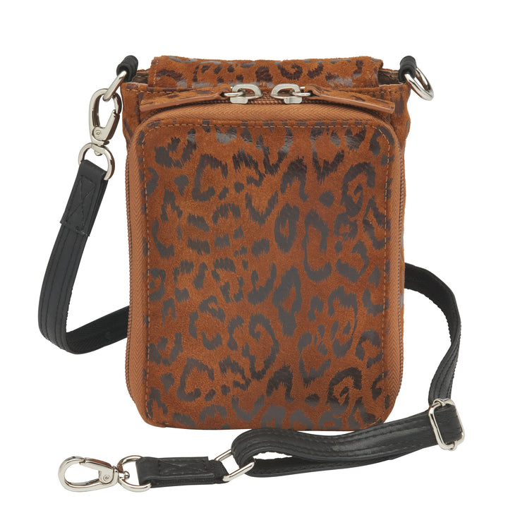 Minimalist black or cheetah-print concealed carry crossbody phone pouch with slash-resistant strap, magnetic flap, and padded compartment for discreet firearm storage. Lightweight and compact, fits essentials like phone, wallet, and micro pistols such as Kahr 380 or Ruger LCP.