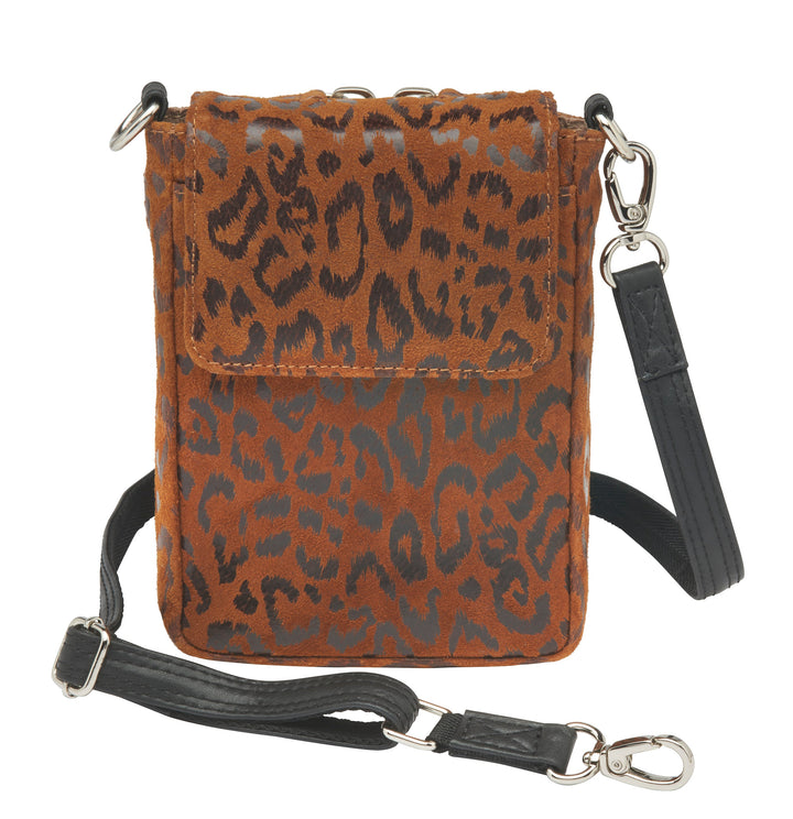 Minimalist black or cheetah-print concealed carry crossbody phone pouch with slash-resistant strap, magnetic flap, and padded compartment for discreet firearm storage. Lightweight and compact, fits essentials like phone, wallet, and micro pistols such as Kahr 380 or Ruger LCP.