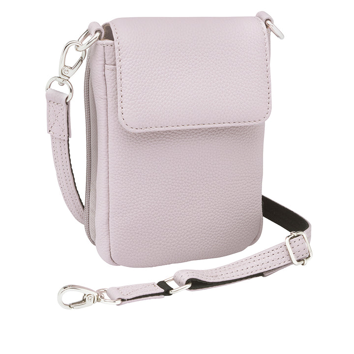 Lavender concealed carry crossbody phone pouch made from pebble grain American cowhide, designed for compact firearm storage with a slim, stylish profile.