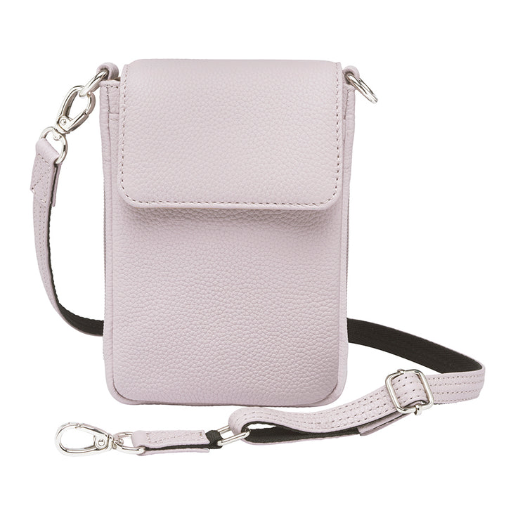 Lavender concealed carry crossbody phone pouch made from pebble grain American cowhide, designed for compact firearm storage with a slim, stylish profile.