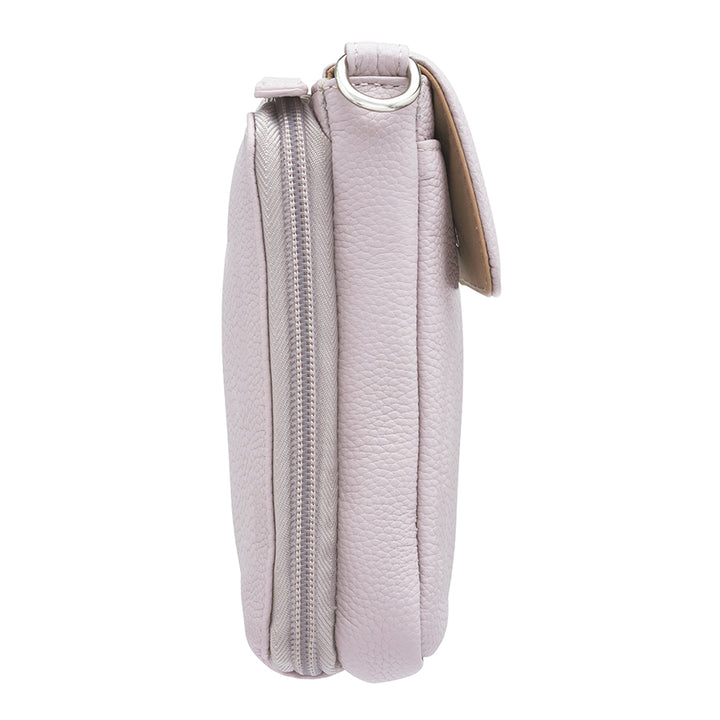 Lavender concealed carry crossbody phone pouch made from pebble grain American cowhide, designed for compact firearm storage with a slim, stylish profile.