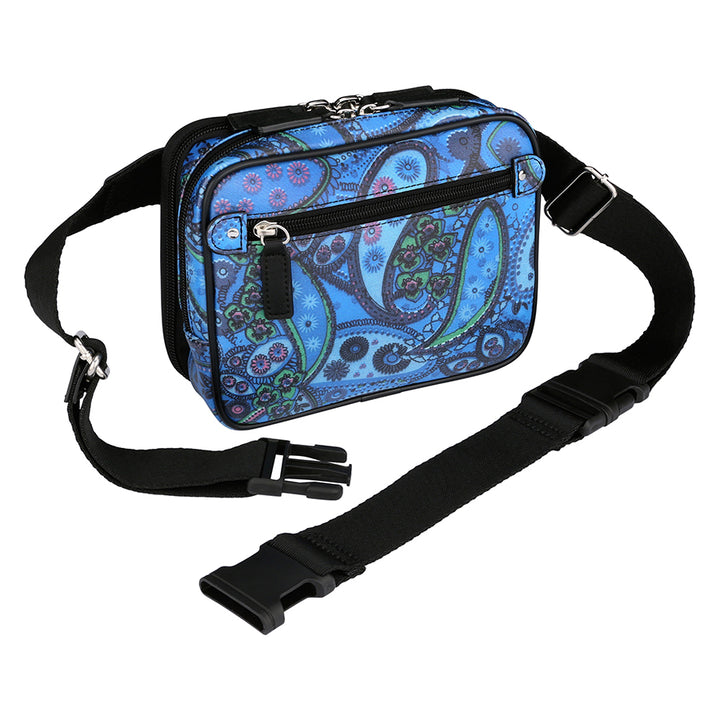 Paisley blue concealed carry waist sling pack for women – stylish crossbody fanny pack purse with gun holster by Gun Tote’n Mamas GTM-116