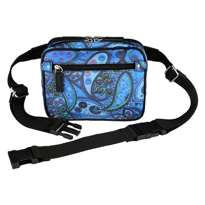 Paisley blue concealed carry waist sling pack for women – stylish crossbody fanny pack purse with gun holster by Gun Tote’n Mamas GTM-116