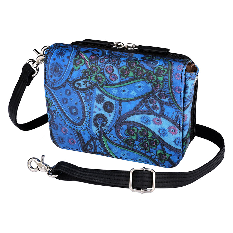 Paisley blue crossbody concealed carry bag made from American cowhide, featuring RFID protection, a 3-way adjustable strap, secure magnetic flap, and a discreet holster compartment compatible with compact handguns.