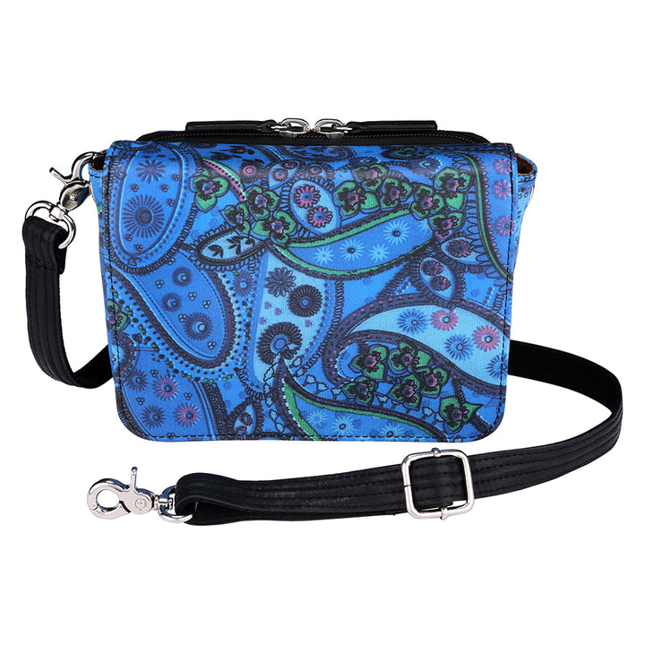 Paisley blue crossbody concealed carry bag made from American cowhide, featuring RFID protection, a 3-way adjustable strap, secure magnetic flap, and a discreet holster compartment compatible with compact handguns.