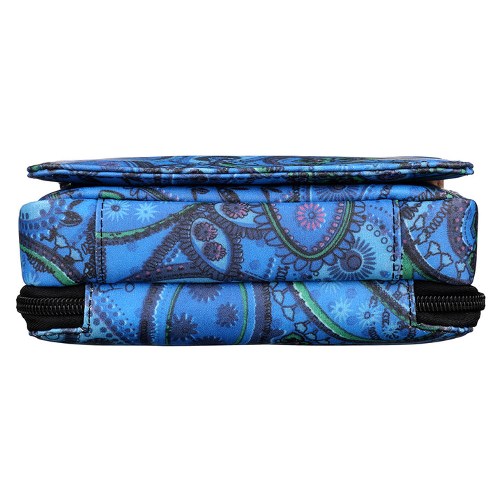 Paisley blue crossbody concealed carry bag made from American cowhide, featuring RFID protection, a 3-way adjustable strap, secure magnetic flap, and a discreet holster compartment compatible with compact handguns.