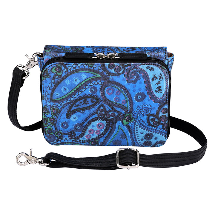 Paisley blue crossbody concealed carry bag made from American cowhide, featuring RFID protection, a 3-way adjustable strap, secure magnetic flap, and a discreet holster compartment compatible with compact handguns.