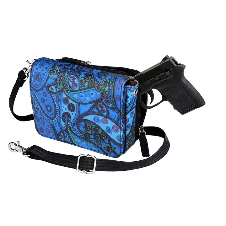 Paisley blue crossbody concealed carry bag made from American cowhide, featuring RFID protection, a 3-way adjustable strap, secure magnetic flap, and a discreet holster compartment compatible with compact handguns.