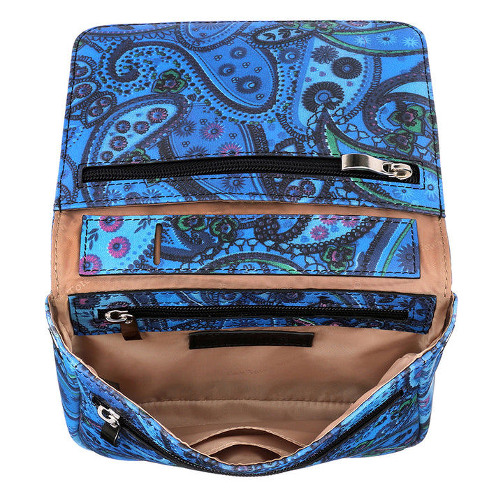Paisley blue crossbody concealed carry bag made from American cowhide, featuring RFID protection, a 3-way adjustable strap, secure magnetic flap, and a discreet holster compartment compatible with compact handguns.