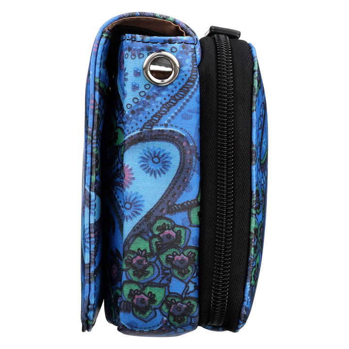 Paisley blue crossbody concealed carry bag made from American cowhide, featuring RFID protection, a 3-way adjustable strap, secure magnetic flap, and a discreet holster compartment compatible with compact handguns.