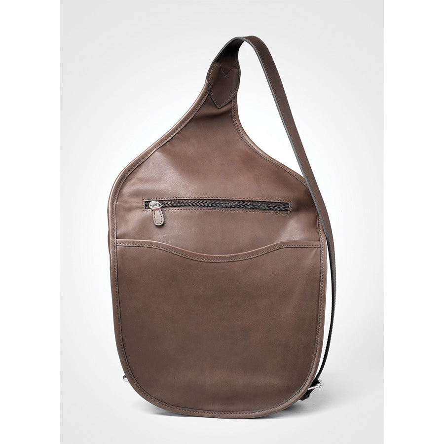 Mocha brown concealed carry shoulder saddlebag made from top grain American Steerhide leather with flapover design, adjustable steel cable-reinforced strap, and padded gun compartment for left or right-handed use. Features interior and exterior pockets, suede lining, and secure side zip access