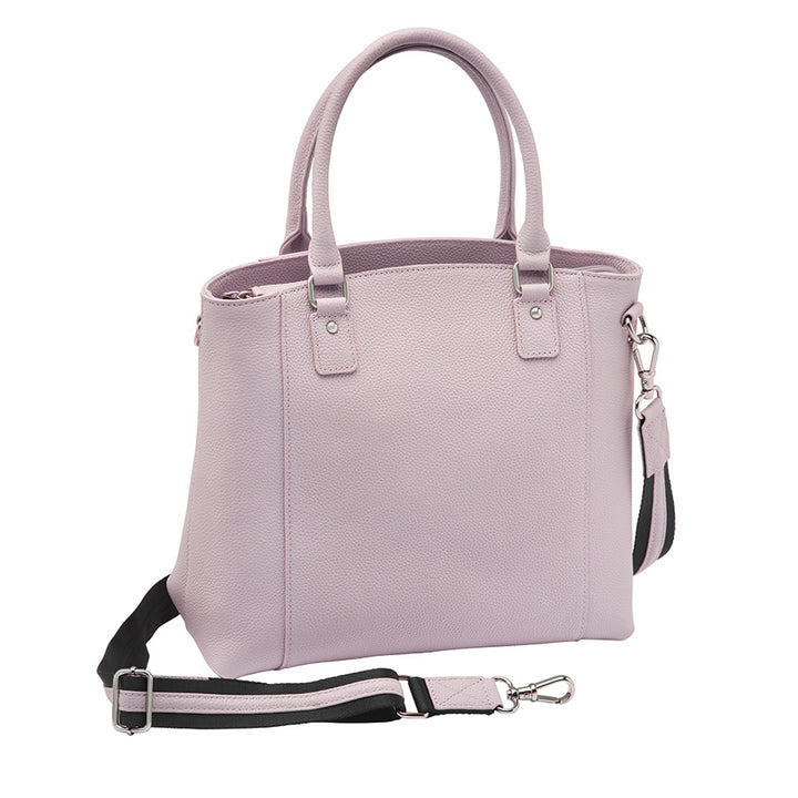 Elegant lavender Town Tote concealed carry purse made from top grain cowhide with pebble texture. Features spacious interior, RFID-blocking pocket, and hidden firearm compartment with dual zip access. Includes slash-resistant strap, chrome hardware, and room for tablets, water bottles, and everyday essentials