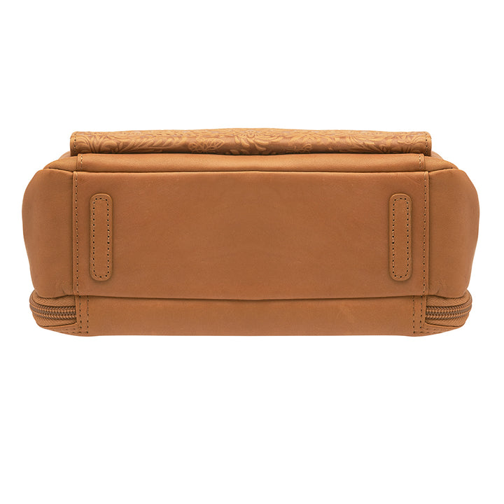 Slim tan concealed carry crossbody bag made from brushed USA cowhide, featuring RFID-blocking front organizer, slash-resistant adjustable strap, and fast-access top-draw gun compartment for left or right-hand draw.