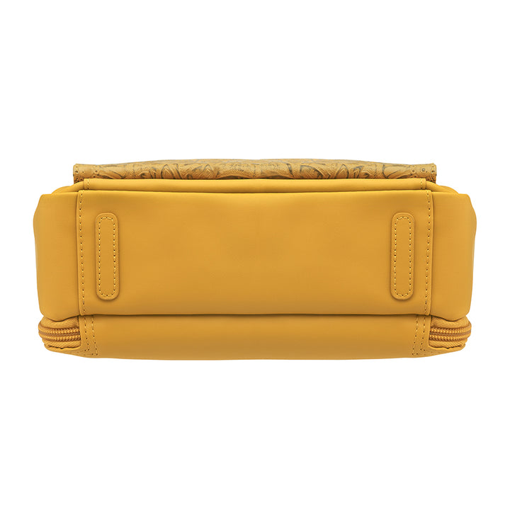 Mustard yellow slim crossbody concealed carry purse crafted from durable American cowhide, featuring compact design and discreet firearm compartment for everyday carry