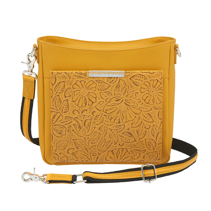 Mustard yellow slim crossbody concealed carry purse crafted from durable American cowhide, featuring compact design and discreet firearm compartment for everyday carry