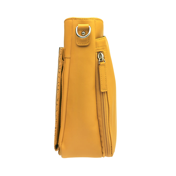 Mustard yellow slim crossbody concealed carry purse crafted from durable American cowhide, featuring compact design and discreet firearm compartment for everyday carry