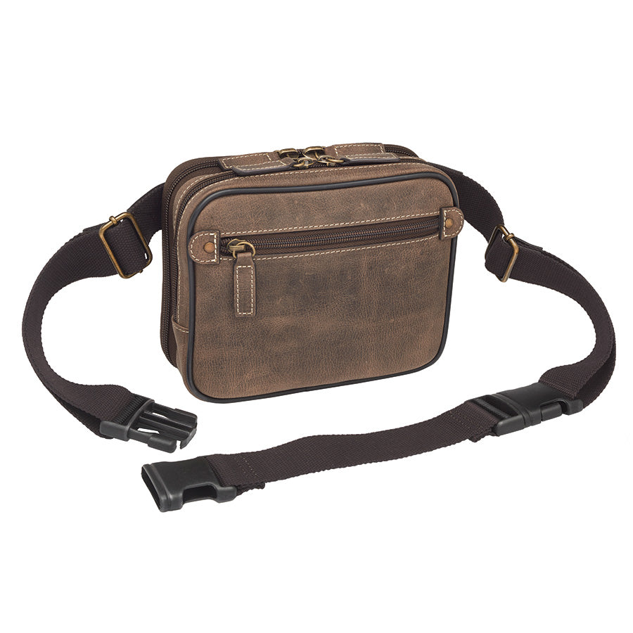 Distressed buffalo leather waist sling concealed carry bag with ambidextrous draw, padded firearm compartment, and included mini holster. Fits compact handguns like Sig Sauer P365, Ruger LCP, and Springfield Hellcat. Designed for side or angled carry with hook-and-loop adjustability
