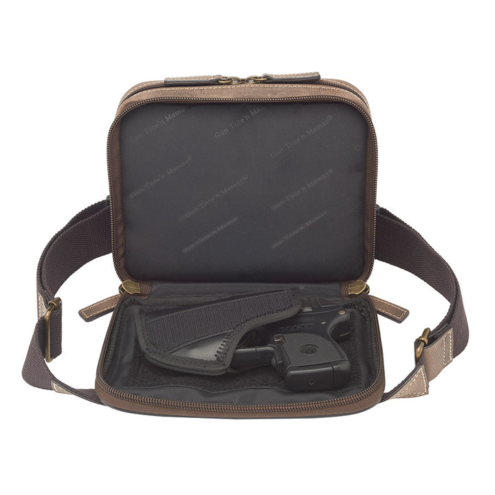 Distressed buffalo leather waist sling concealed carry bag with ambidextrous draw, padded firearm compartment, and included mini holster. Fits compact handguns like Sig Sauer P365, Ruger LCP, and Springfield Hellcat. Designed for side or angled carry with hook-and-loop adjustability