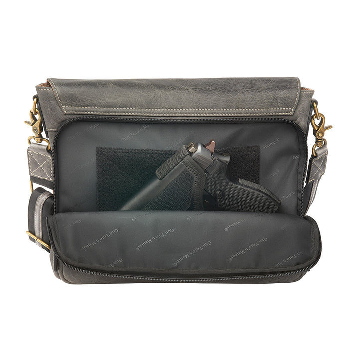 Distressed grey unisex concealed carry crossbody messenger bag in full grain buffalo leather with rich patina, RFID-blocking pocket, magnetic flap closure, and adjustable slash-resistant strap. Features a spacious main compartment and padded gun pocket compatible with Glock 19, Sig P365, S&W M&P 2.0, and more.
