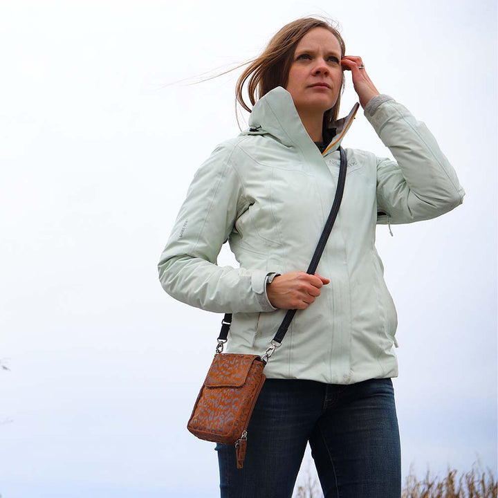 Minimalist black or cheetah-print concealed carry crossbody phone pouch with slash-resistant strap, magnetic flap, and padded compartment for discreet firearm storage. Lightweight and compact, fits essentials like phone, wallet, and micro pistols such as Kahr 380 or Ruger LCP.