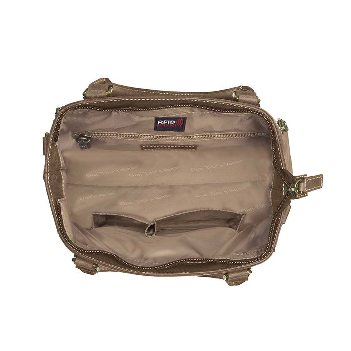 Distressed brown full grain buffalo leather town tote with concealed carry compartment. Vintage-inspired patina develops with use. Features reinforced slash-resistant shoulder strap, padded interior for gun protection, and dual top handles for versatile carry. Designed for ambidextrous draw, includes multiple pockets for phone, pepper spray, and essentials. Tested with popular pistols, equipped with Mernickle holster. Durable and stylish everyday concealed carry purse.
