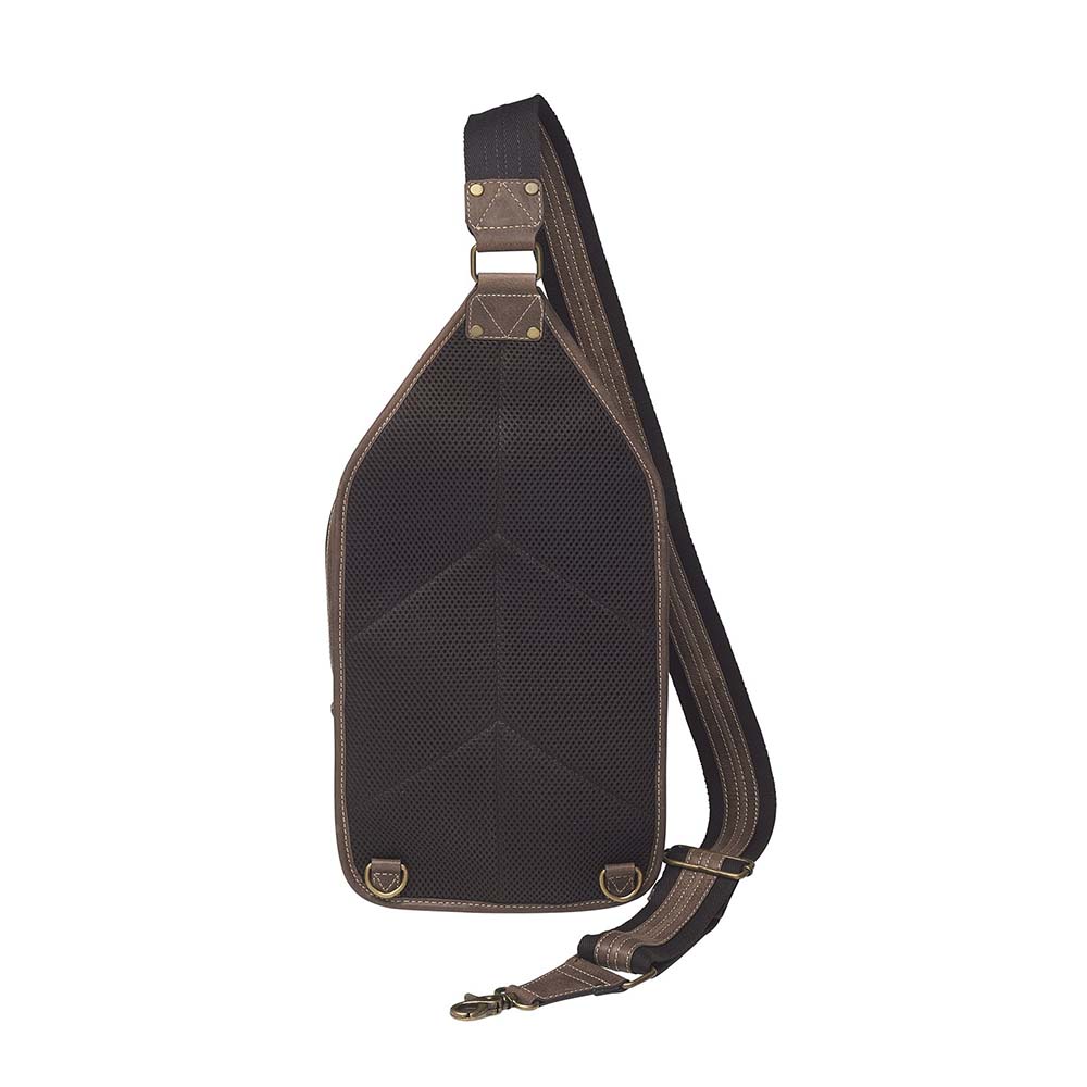 Distressed brown buffalo leather sling concealed carry backpack with tactical organization, RFID zip pocket, padded holster compartment for Glock 19, Sig P320, and HK VP9, slash-proof strap, and swing-front crossbody design with 3 exterior zip pockets and morale patch zone