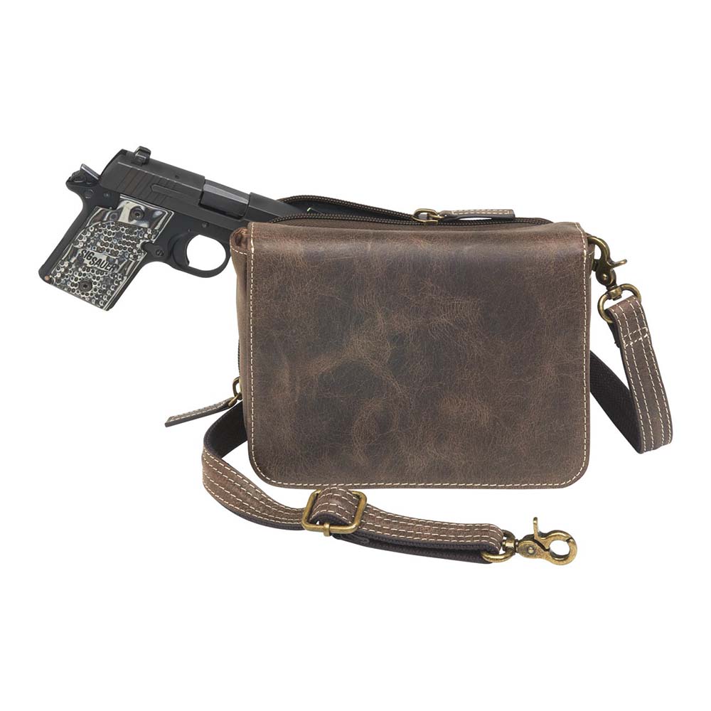 Classic brown leather crossbody organizer concealed carry purse with secure zippered gun compartment, compact size, and durable construction for reliable and discreet carry.