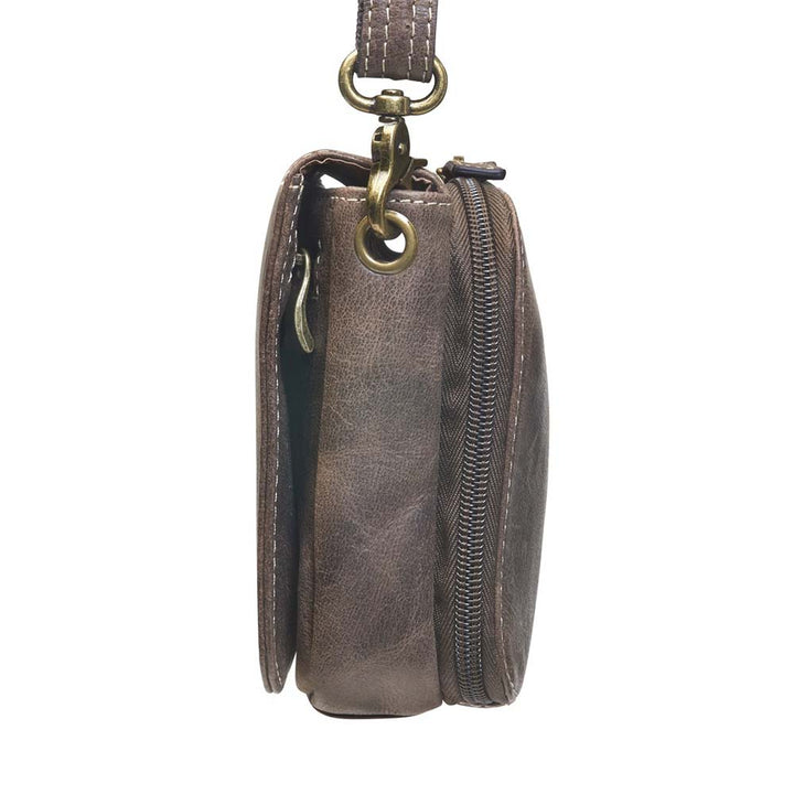 Classic brown leather crossbody organizer concealed carry purse with secure zippered gun compartment, compact size, and durable construction for reliable and discreet carry.