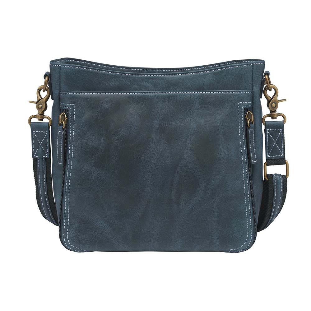 Slim concealed carry purse in distressed vintage blue buffalo leather, includes RFID wallet organizer, top-draw holster access, fits Glock 19, Sig P320, or HK VP9, built-in slash-resistant strap.