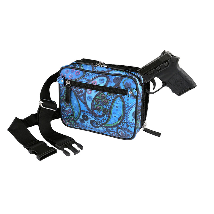 Paisley blue concealed carry waist sling pack for women – stylish crossbody fanny pack purse with gun holster by Gun Tote’n Mamas GTM-116