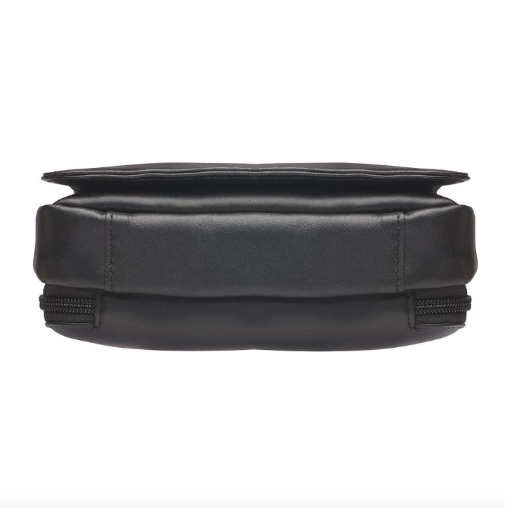 Black concealed carry bag in New Zealand lambskin – fits Springfield Hellcat, Ruger LCP, Glock 42, with RFID protection, mini Mernickle holster, magnetic flap closure, and slash-resistant crossbody strap