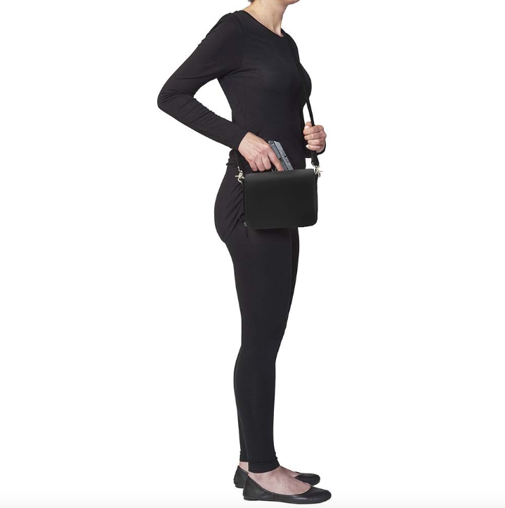 Black concealed carry bag in New Zealand lambskin – fits Springfield Hellcat, Ruger LCP, Glock 42, with RFID protection, mini Mernickle holster, magnetic flap closure, and slash-resistant crossbody strap