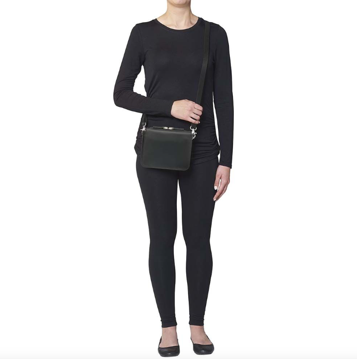 Black concealed carry bag in New Zealand lambskin – fits Springfield Hellcat, Ruger LCP, Glock 42, with RFID protection, mini Mernickle holster, magnetic flap closure, and slash-resistant crossbody strap