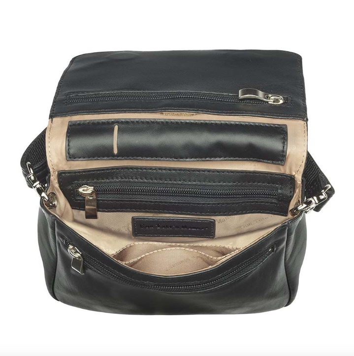 Black concealed carry bag in New Zealand lambskin – fits Springfield Hellcat, Ruger LCP, Glock 42, with RFID protection, mini Mernickle holster, magnetic flap closure, and slash-resistant crossbody strap