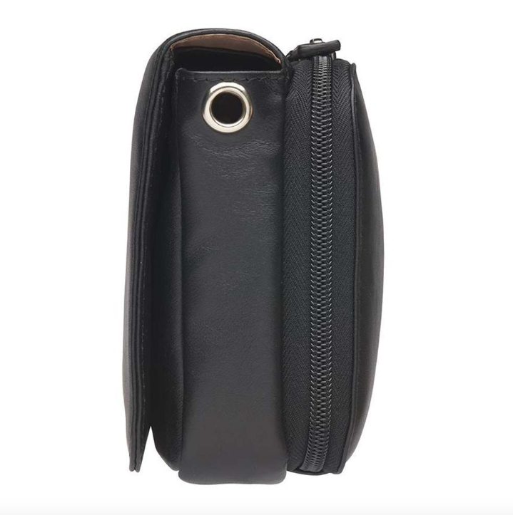 Black concealed carry bag in New Zealand lambskin – fits Springfield Hellcat, Ruger LCP, Glock 42, with RFID protection, mini Mernickle holster, magnetic flap closure, and slash-resistant crossbody strap