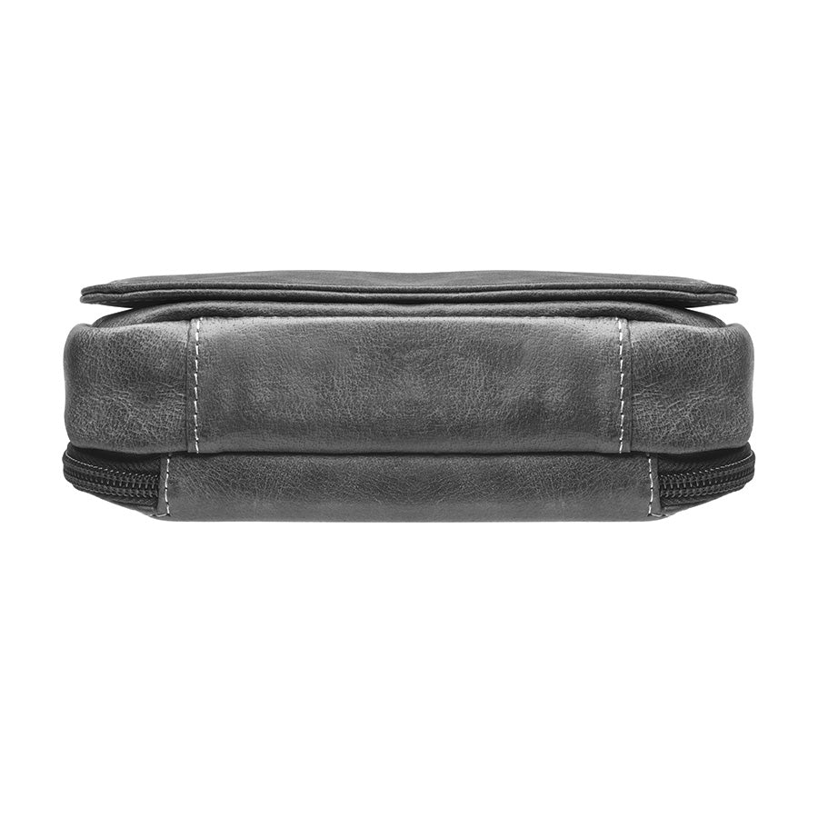 Modern gray crossbody concealed carry organizer purse made of vintage tanned leather, with a discreet firearm compartment, lightweight design, and quick-access zippered opening.