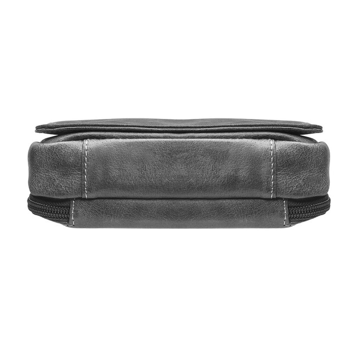 Modern gray crossbody concealed carry organizer purse made of vintage tanned leather, with a discreet firearm compartment, lightweight design, and quick-access zippered opening.