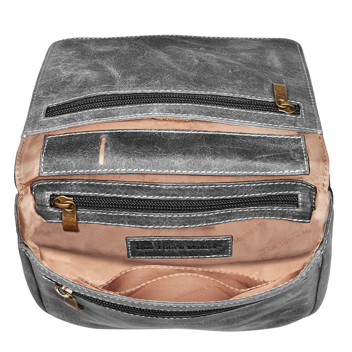 Modern gray crossbody concealed carry organizer purse made of vintage tanned leather, with a discreet firearm compartment, lightweight design, and quick-access zippered opening.
