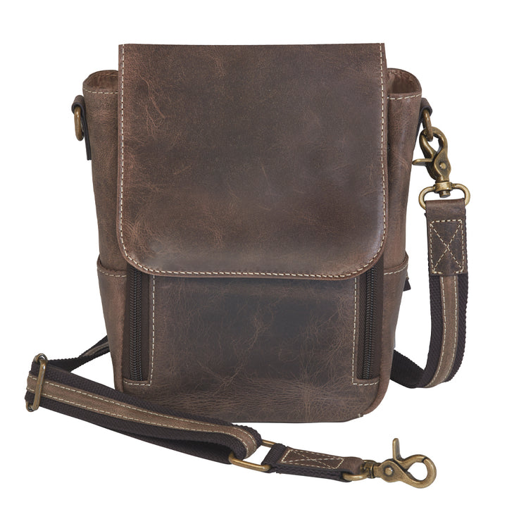 Front view of GTM/CZY-80 Distressed Leather Crossbody Satchel Concealed Carry Purse in vintage tanned full grain buffalo leather with hammered multi-color rivets on flap closure