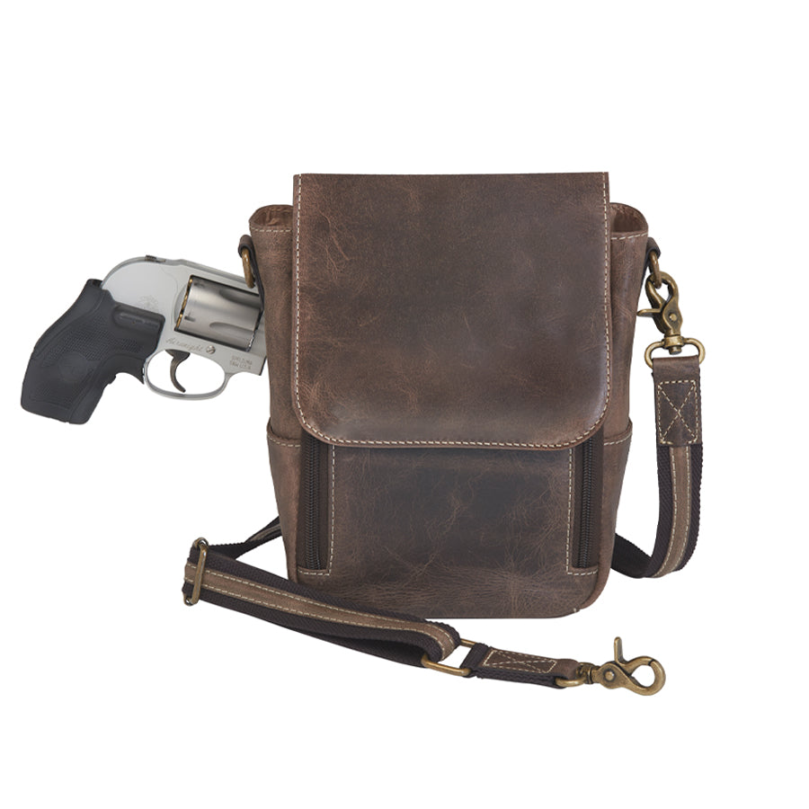 Front view of GTM/CZY-80 Distressed Leather Crossbody Satchel partially open showing concealed handgun being drawn for quick access and secure carry