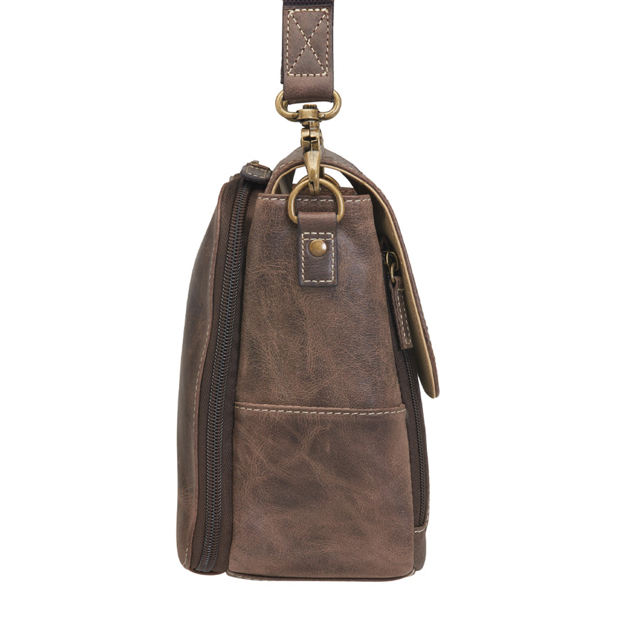 Side view of GTM/CZY-80 Distressed Leather Crossbody Satchel open with handgun partially drawn, demonstrating accessible compartments and secure storage