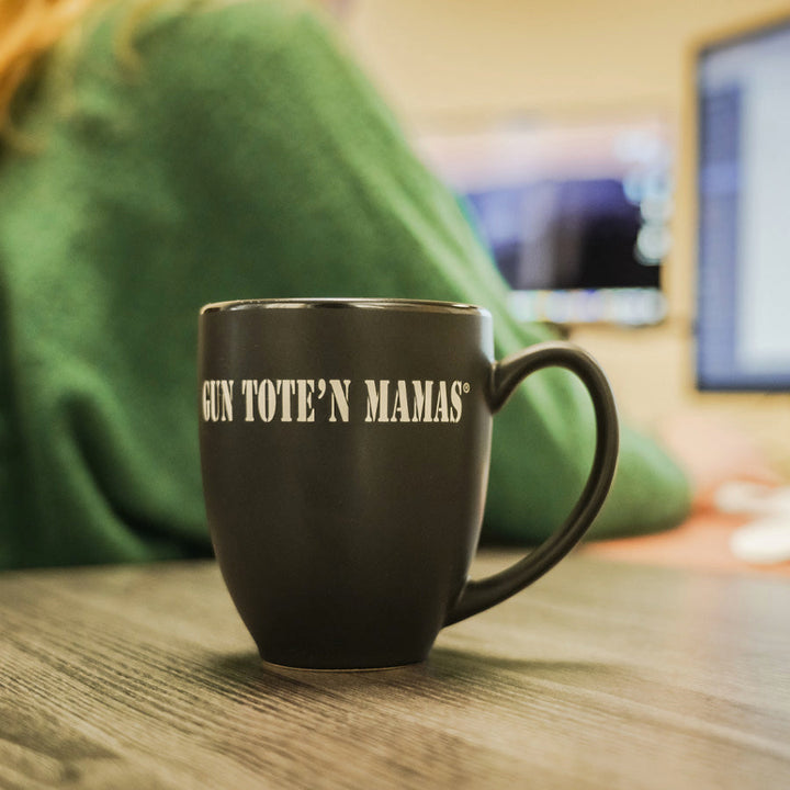 BISTRO Gun Tote’n Mamas mug with laser-etched logo – two-toned matte black and glossy blue, 16oz ceramic stoneware, dishwasher safe, free shipping