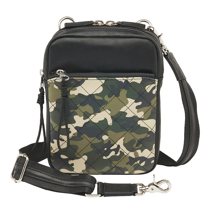 Compact camo-patterned crossbody concealed carry bag with black leather accents, slash-resistant strap, RFID protection, and a secure zippered front pocket for discreet firearm storage