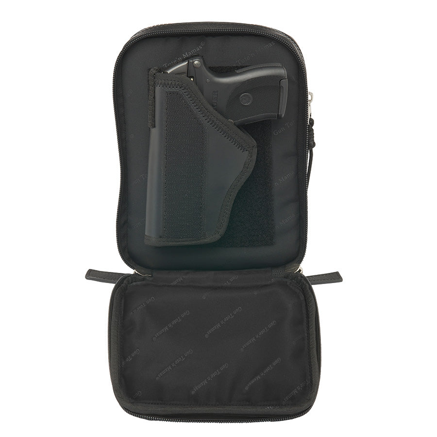 Compact camo-patterned crossbody concealed carry bag with black leather accents, slash-resistant strap, RFID protection, and a secure zippered front pocket for discreet firearm storage