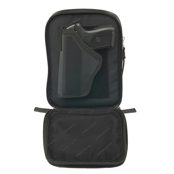 Compact camo-patterned crossbody concealed carry bag with black leather accents, slash-resistant strap, RFID protection, and a secure zippered front pocket for discreet firearm storage