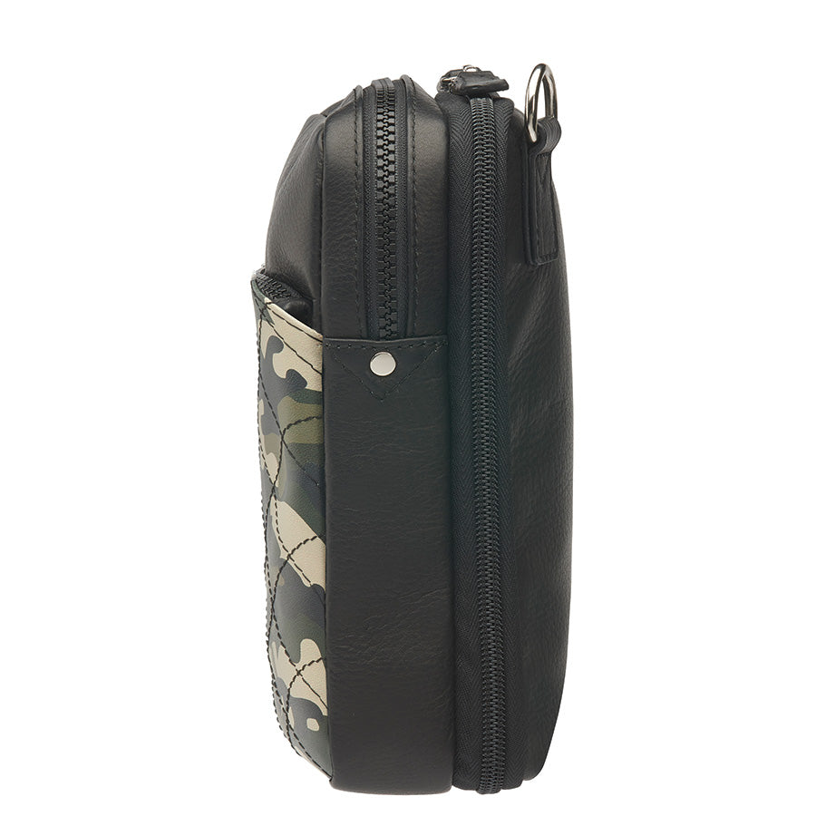Compact camo-patterned crossbody concealed carry bag with black leather accents, slash-resistant strap, RFID protection, and a secure zippered front pocket for discreet firearm storage