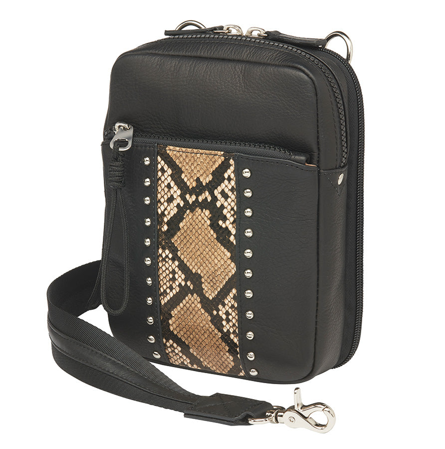 Black crossbody hipster concealed carry bag with snake-embossed leather and full grain cowhide accents, chrome hardware, and adjustable slash-resistant strap — features RFID protection and discreet firearm compartment compatible with micro pistols.