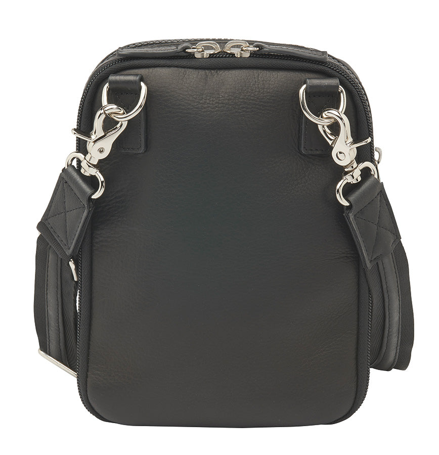 Black crossbody hipster concealed carry bag with snake-embossed leather and full grain cowhide accents, chrome hardware, and adjustable slash-resistant strap — features RFID protection and discreet firearm compartment compatible with micro pistols.
