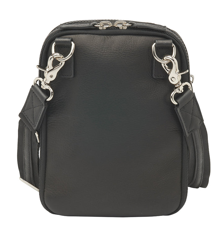 Black crossbody hipster concealed carry bag with snake-embossed leather and full grain cowhide accents, chrome hardware, and adjustable slash-resistant strap — features RFID protection and discreet firearm compartment compatible with micro pistols.